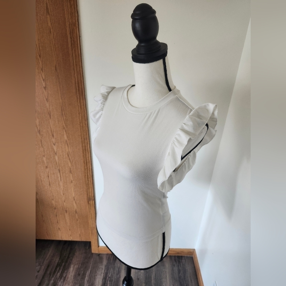 SHEIN White Ribbed Fitted Ruffled Sleeveless Shirt - Picture 3 of 5